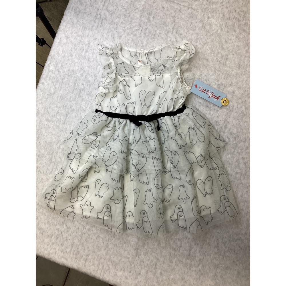 Cat & Jack Toddler Girls Ghost Print Tulle Dress  3T Halloween Flutter Sleeve